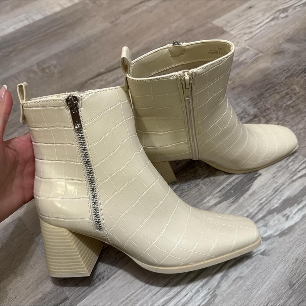 Cream Croc-Embossed Ankle Boots
